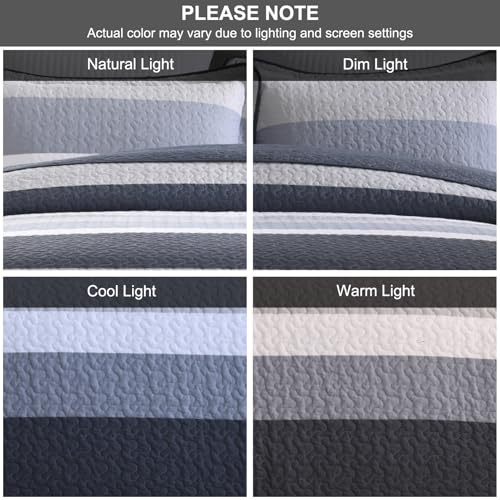 DUOHONG 100% Cotton Quilt Set King Size, King Quilt Bedding Set, Striped Pattern Quilt Bedspread for King Bed, Modern Minimalist Bed Spread Lightweight Comforter, 3Pcs, Charcoal-Blue/Gray/White DUOHONG