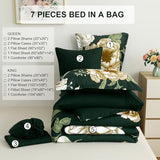Luxudecor Floral Comforter Set Queen Size 7 Pieces Bed in a Bag,Beige Flower Print on Dark Green Bedding Set,Soft Microfiber Bedding Set for All Season (Dark Green,90"x90") Luxudecor
