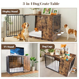 Dog Crate Furniture with Cushion for Large Dogs, 36" Indoor Wooden Dog Kennel with 270° Swivel Door, 360° Rotating Feeder, Decorative Heavy Duty Dog House with Double Locks & Bowls, Rustic Brown TBWIND