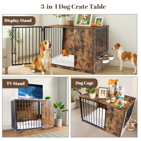Dog Crate Furniture with Cushion for Large Dogs, 36" Indoor Wooden Dog Kennel with 270° Swivel Door, 360° Rotating Feeder, Decorative Heavy Duty Dog House with Double Locks & Bowls, Rustic Brown TBWIND