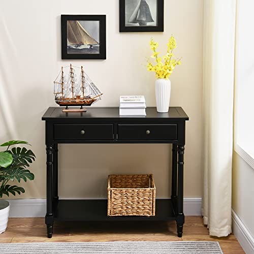 Entry Console Table with 2 Storage Drawers and Open Shelf, Traditional Console Table with Solid Wood leg, Foyer Tables for Entryway, Hallway, Blank Wall, 35.4”L x 13.8”W x 30.1”H, BlacK SFZ004BK VERDANTREE