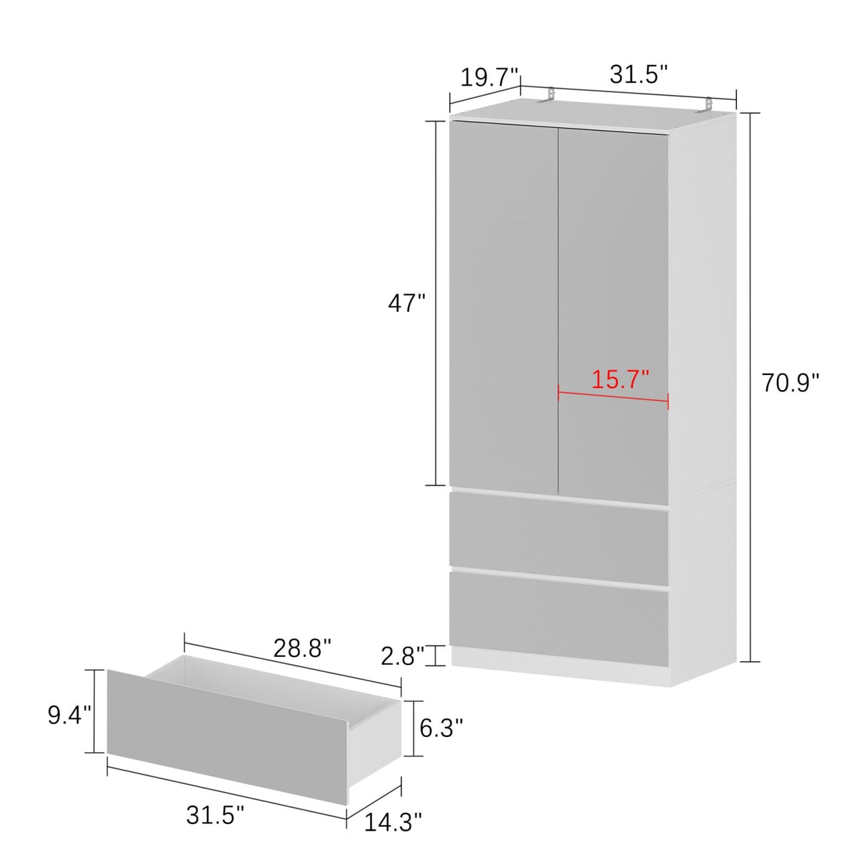 FUFU&GAGA Wardrobe with Mirror Doors, White Bedroom Armoire with 2 Drawers, Hanging Rod, Mirrored Closet Modern Clothes Storage Cabinet for Bedroom Cloakroom, 31.5”W x 19.7”D x 70.9”H FUFU&GAGA