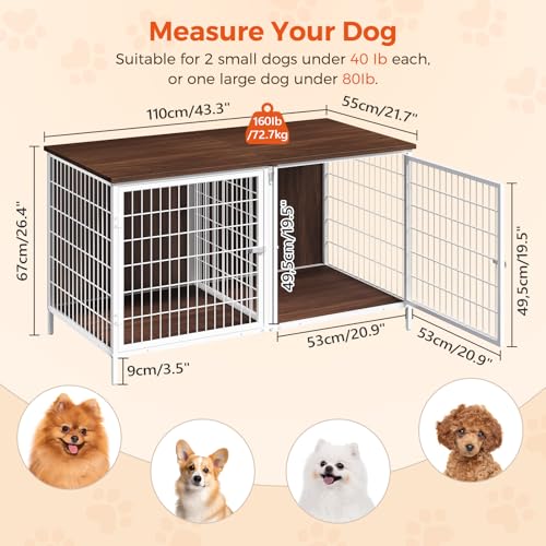 MAHANCRIS Dog Crate Furniture for 2 Dogs, 43.3" Dog Kennel with Removable Divider, Heavy Sturdy Dog Furniture Style Double Cage for Small Medium Dogs, Indoor Pet House End Table, White and Walnut MAHANCRIS