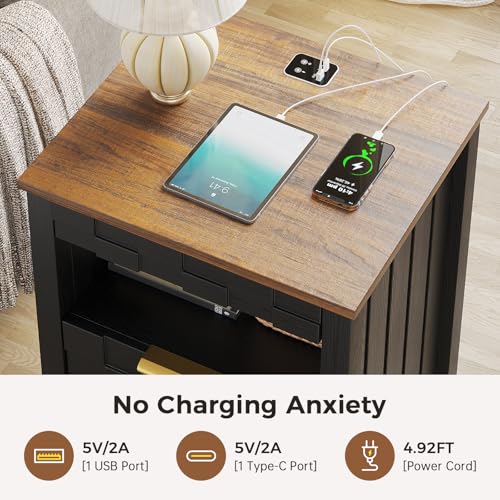 Dystler Nightstand with Gun Drawer - Bedside Table with Charging Station and 2 Drawers, Smart Side Table with 3-Color Human Sensor LED Lights for Bedroom, Black Dystler
