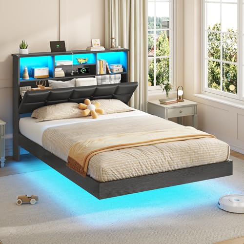 VIAGDO Floating Bed Frame Twin Size with Headboard and Storage, Uphols ...
