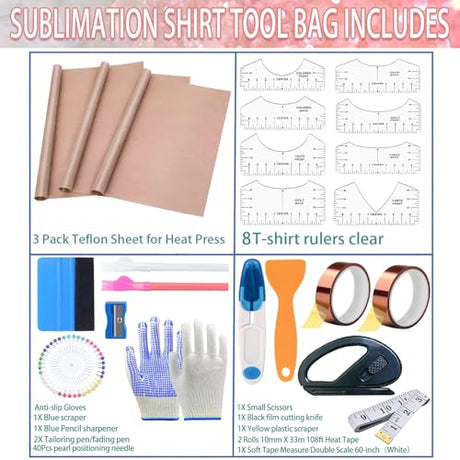 XEUZK Sublimation Shirts Tool Kits with 8 T Shirt rulers, 3Pack Teflon Sheet for Heat Press 12 x 16in, Heat Resistant Gloves with Silicone Bumps, 2 Rolls Heat Resistant Tape, 2Pcs Sublimation Pencil XEUZK