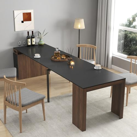 24"-118" Extendable Dining Table with Storage for 2-12 People, Modern Space-Saving Extra Long Wood Folding Table with USB & AC Outlets, Multifunctional Conference Meeting Desk, Black & Walnut DMAITH