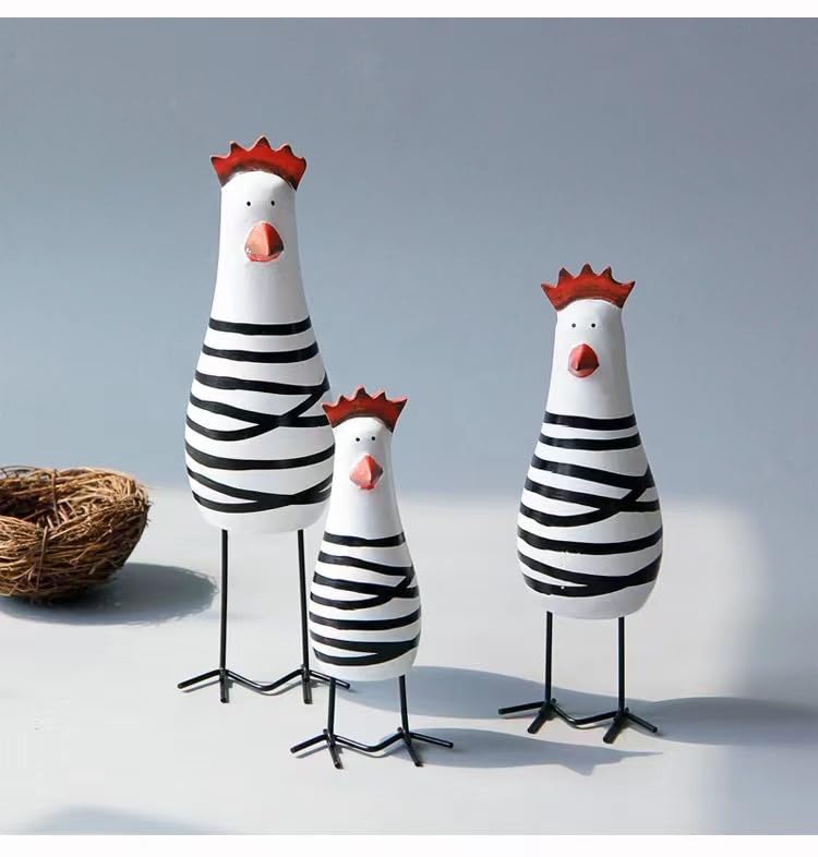 WQKING 3PCS Wood Chicken Rooster Decor Figurines Set Farmhouse Rustic Home Office Decor