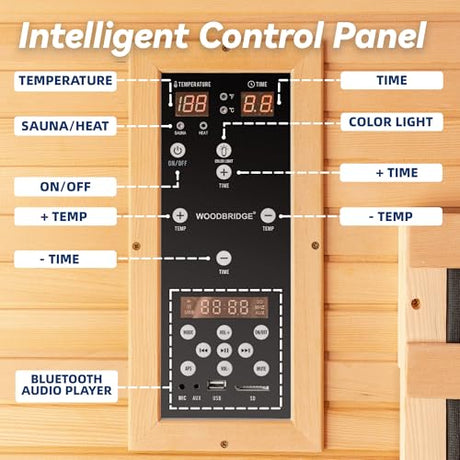 Woodbridge Infrared Home Sauna Room 2 Person Hemlock Wooden Indoor Sauna,7 Carbon 2230W/120V Heaters,with Led Color Therapy Light,Bluetooth Speaker,Tempered Glass,Touch-Tone Keypad and A Top Vent WOODBRIDGE