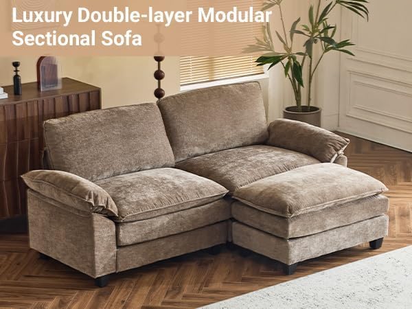 VINGLI Convertible Sectional Loveseat Sofa with Deep Seat &Movable 2-Layer Ottoman, Oversized L-shape Cloud Sofa with Chaise & Armrests, 2-Seat Sofa for Small Spaces & Apartment, Chenille, Light-Brown VINGLI