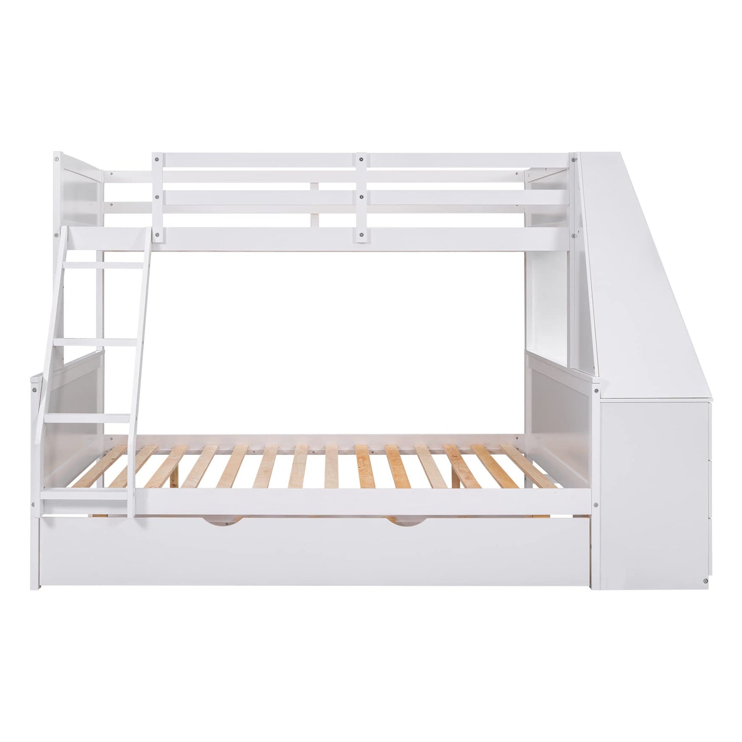 Bellemave Twin Over Full Bunk Bed with Trundle, Desk, Storage Drawers & Shelf in White - WoodArtSupply