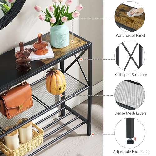 Hoctieon Industrial Console Table, 3 Tier Entryway Table, Hallway Table, Narrow Sofa Table with Shelves, Entrance Table for Entryway, Rustic Brown&Black Hoctieon