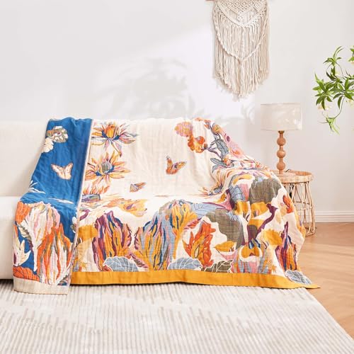 XIBLC Boho Throw Blanket, 100% Cotton Ultra Soft Luxury Throw Rustic Quilt, 50"x60" Floral Bird Butterfly Farmhouse Decor Bed Blankets, All Season Rustic Reversible Bohemian Throw for Bed - Yellow XIBLC