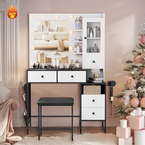 YIKEHOME 39" W Vanity Desk with Mirror, Makeup Vanity Set with Power Outlet and Comfortable Bench, Big Dressing Table with Lights Mirror and Drawers for Makeup, Modern Vanity for Bedroom Black YIKEHOME