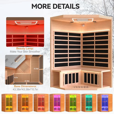 HUGROVE 2-3 Person Low EMF FAR Infrared Sauna for Home, Indoor Canadian Hemlock Dry Heat Sauna Kit with Bluetooth Speakers, LED Lights & Smart Control Panel HUGROVE