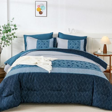 Dinjoy Navy Blue King Size Comforter Set,Striped Bed in a Bag King 7 Pieces Soft Microfiber Fall Bedding Comforters Sets with Sheet Boho Bed Complete Set for Men All Season Dinjoy