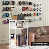 Aduanbang 3 Tier End Table,Record Player Stand with Storage Up to 100 Albums,Turntable Stand for Vinyl,White Records Shelf for Living Room Bedroom Aduanbang