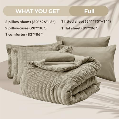HYMOKEGE Linen Full Size Comforter Sets Seersucker 7 Pieces, All Season Luxury Bed in a Bag for Bedroom, Bedding Set with Comforter, Sheets, Pillowcases & Shams HYMOKEGE