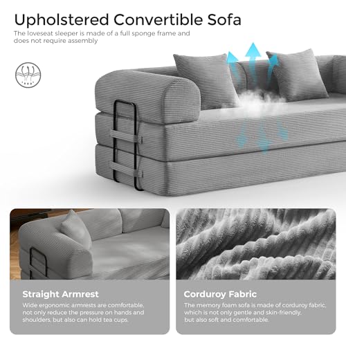 SAVENICA 79" Convertible Floor Sofa Bed, 5-in-1 Modular Sleeper with Removable Parts, No Assembly Corduroy Futon from Sofa to Oversized Bed, Non-Slip Base for Living Room, Dorm (Light Gray) SAVENICA