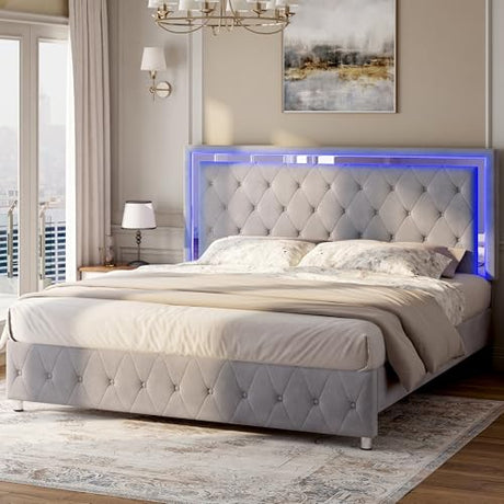 Jocisland Full Bed Frame with LED Lights Headboard&Footboard, Velvet Upholstered Full Size Platform Bed Frame No Box Spring Needed/Light Grey Jocisland