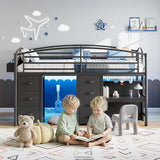 Low Loft Bed Twin Size with 7 Storage Drawers, Desk and LED Lights, Heavy Duty Metal Kids Loft Bed with 12" H Safety Guardrail, Anti-Collision Pad, Private Play Curtain, Under-Bed Play Space - Black Jocoevol