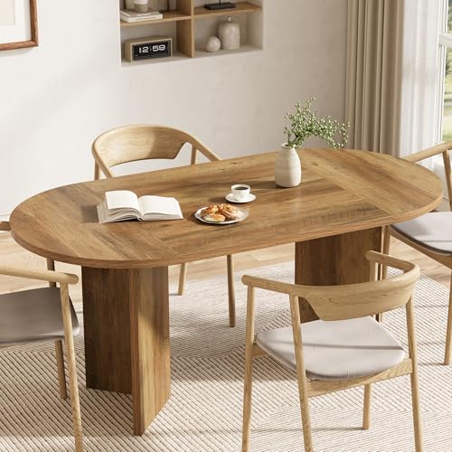 LITTLE TREE 63" Rustic Oval Dining Table for 4-6, Sturdy MDF Farmhouse Kitchen Table with Metal Strip Base, for Living Room, Office, Restaurant, Multi-Use, Umber LITTLE TREE