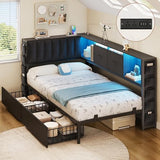 MapleGrace Twin Corner Bed Frame with Upholstered Storage Headboard and Drawers, Metal Platform Bed Frame with LED Light and Charging Station, Twin Daybed for Living Room, Bedroom & Guest Room, Black MapleGrace