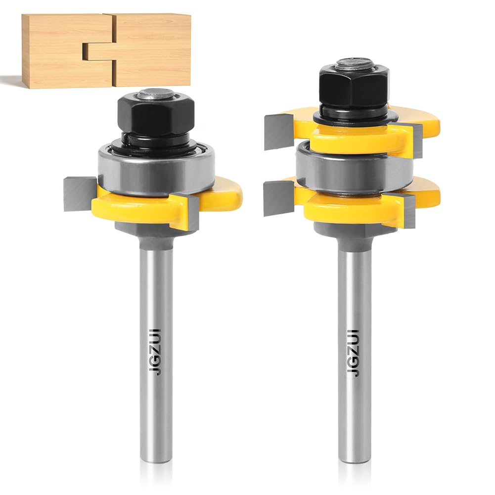 1/4 Inch Shank Tongue and Groove Set of 2 Pieces Router Bit 3 Teeth Adjustable T Shape Wood Milling Cutter，Tongue and Groove groove joints Router Bit (1/4inch Shank, 1-3/8" Diameter) - WoodArtSupply