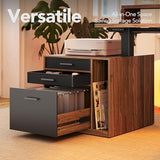HUANUO Electric L Shaped Standing Desk with File Cabinet, 63" x 55" 2-Tier Height Adjustable Sit Stand up Desk with LED Strip, Power Outrlets & Cable Management Tray, Corner Computer Table, Walnut HUANUO