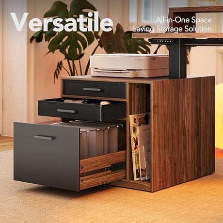 HUANUO Electric L Shaped Standing Desk with File Cabinet, 63" x 55" 2-Tier Height Adjustable Sit Stand up Desk with LED Strip, Power Outrlets & Cable Management Tray, Corner Computer Table, Walnut HUANUO
