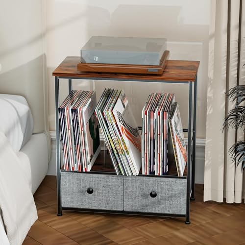 DALEMHOME Record Player Stand with Vinyl Storage, 2-Tier Record Shelf Table with Fabric Drawer, Holds Up to 110 Vinyl Records, Record Player Table for Turntable and Albums, 23.62"D × 11.81" W× 25.59"H DALEMHOME