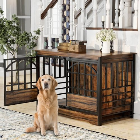 COZPAW 52 Inch Dog Crate Furniture, Extra Large Dog Kennel Indoor for XLarge Breed, Heavy Duty Dog Cage with Double Elegant Arched Doors, Decorate as TV Stand & End Table-Retro Brown COZPAW