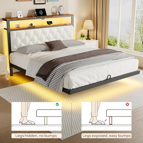 ChicZhiNest Queen Floating Bed Frame with Headboard, LED Floating Bed Frames with Charging Station and Upholstered Backrest, Storage Shelf, No Box Spring Needed, Easy Assembly, Noise-Free, Black ChicZhiNest
