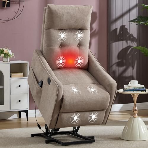 EZZUP Power Lift Recliner Chair with Vibration Massage and Heat for Petite Elderly, Small Lift Chair with Side Pocket Remote Control, Infinite Position, Polyester Fabric Khaqi