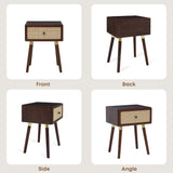 Bme Nipe Solid Wood and Rattan Boho Nightstand with Drawer, Walnut Finish Bme