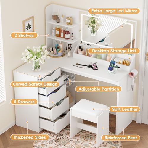 YESHOMY Vanity Desk with Lights and Mirror, L Shaped Makeup Table, Dresser with Hairdryer Holder and Power Outlet, Adjustable 3 Lighting Modes, 5 Drawers and Adjustabled Open Storage Shelves, White YESHOMY