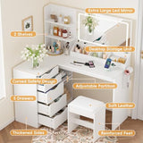 YESHOMY Vanity Desk with Lights and Mirror, L Shaped Makeup Table, Dresser with Hairdryer Holder and Power Outlet, Adjustable 3 Lighting Modes, 5 Drawers and Adjustabled Open Storage Shelves, White YESHOMY