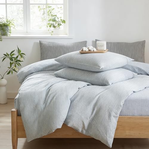 MWL Toy Striped Duvet Cover Set Full Size 3 Pcs Breathable Durable 100% Washed Cotton Comforter Cover for All Seasons Chic Linen Like Textured Bedding Set (Light Blue White Pinstripes, Full) MWL Toy