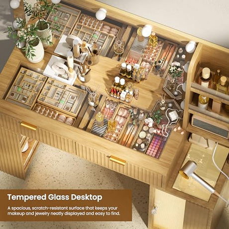 47'' Fluted Makeup Vanity Desk with Large 36" Mirror & Hollywood Bulbs, Smart RGB Lights, Glass Top Vanity with 5 Shelves, 2 RGB Drawers, Acrylic Cabinets, Wood Vanity with Charging Station,Oak DIYSET