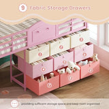 VIAGDO Low Loft Bed Twin Size with 9 Storage Drawers and LED Lights, Metal Twin Loft Bed with Stairway Shelf Storage, Low Loft Bed with Safety Guardrail and Under-Bed Hideaway for Kids, Pink VIAGDO