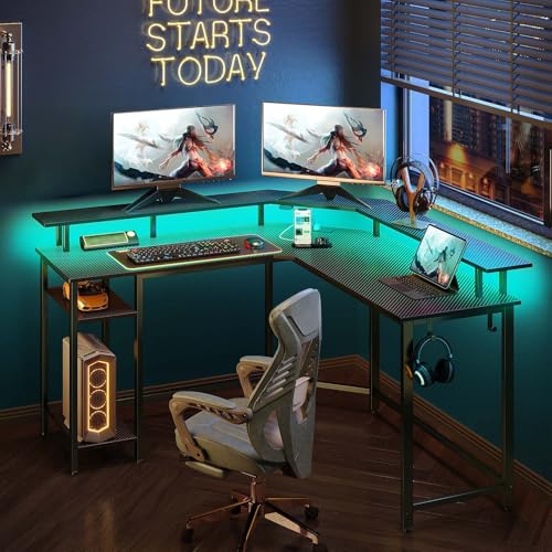 Rolanstar L Shaped Gaming Desk with LED Lights & Power Outlets, 53" Computer Desk with Full Monitor Stand & Storage Shelf, Corner Desk with Hooks, Carbon Fiber Desk Reversible Rolanstar
