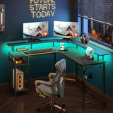 Rolanstar L Shaped Gaming Desk with LED Lights & Power Outlets, 53" Computer Desk with Full Monitor Stand & Storage Shelf, Corner Desk with Hooks, Carbon Fiber Desk Reversible Rolanstar