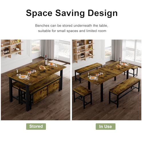 Feonase 5-Piece Dining Table for 4-8 People, 63" Extendable Kitchen Table Set with 2 Benches & 2 Square Stools, Dining Room Table with MDF Wood Board, Easy Clean, Rustic Brown - WoodArtSupply