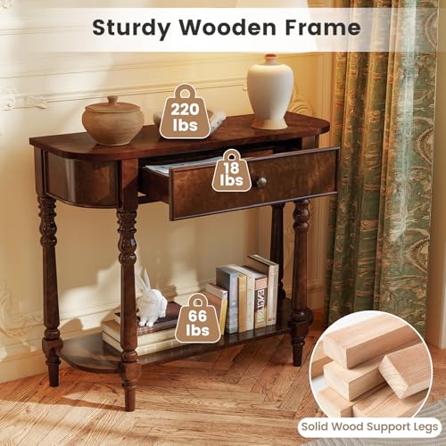 Giantex 2-Tier Console Table, 36" Retro Entryway Table with Storage Drawer & Elegant Legs, Narrow Wooden Sofa Table with Open Shelf for Living Room, Foyer, Hallway, Bedroom, Entrance (Brown) Giantex