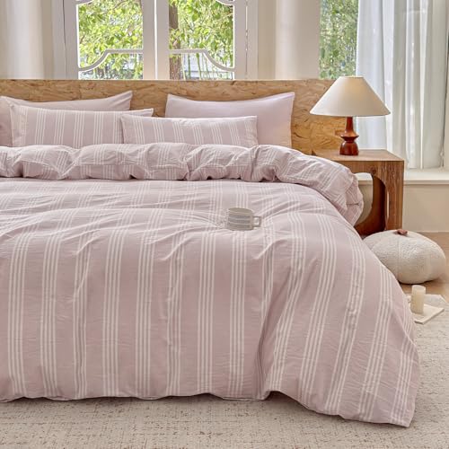 BESTDESIL Pink Striped Duvet Cover Set 100% Washed Cotton Linen Like Super Soft Chic Bedding Set 3 Pcs Greyish Pink-White Full BESTDESIL