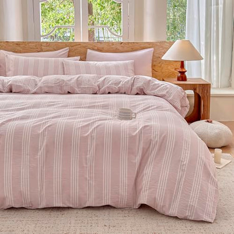 BESTDESIL Pink Striped Duvet Cover Set 100% Washed Cotton Linen Like Super Soft Chic Bedding Set 3 Pcs Greyish Pink-White Full BESTDESIL