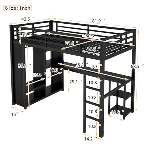 Bellemave Metal Twin XL Size Loft Bed with Desk and Wardrobe,Heavy Duty Loft Bed Frame with Storage Shelves for Kids,Teens,Adults, Space Saving,Black Bellemave