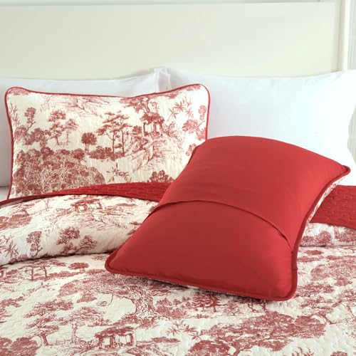 WONGS BEDDING Botanical Quilt Set Queen Size, Red 3 Pieces Floral Plants Printed Bedspread Bedding Set Christmas Soft Lightweight Microfiber Coverlet Set for All Season (96"x90") WONGS BEDDING