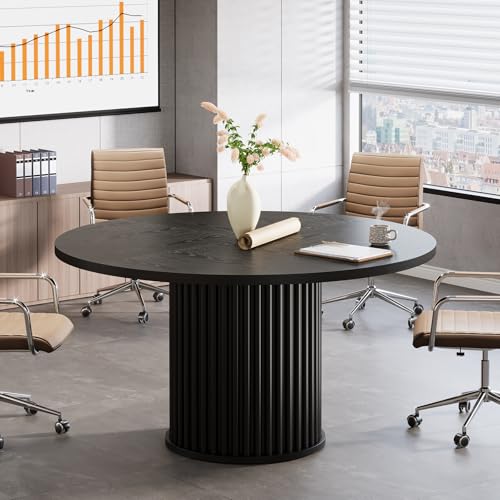 Tribesigns 47-Inch Round Conference Table, Black Meeting Table for 4-6 People, Small Office Desk with Sturdy Metal Base, Perfect for Conference Room or Small Workspaces, Black Tribesigns