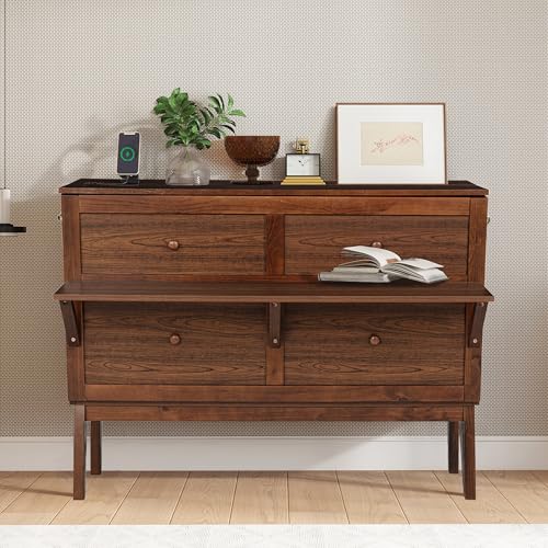 DNChuan Murphy Bed Cabinet with Storage Desktop,Murphy Bed Desk Combo with USB-Port,2 Pull-Out Shelves,Foldable Platform Bed for Guest Room,Full Size,Walnut DNChuan